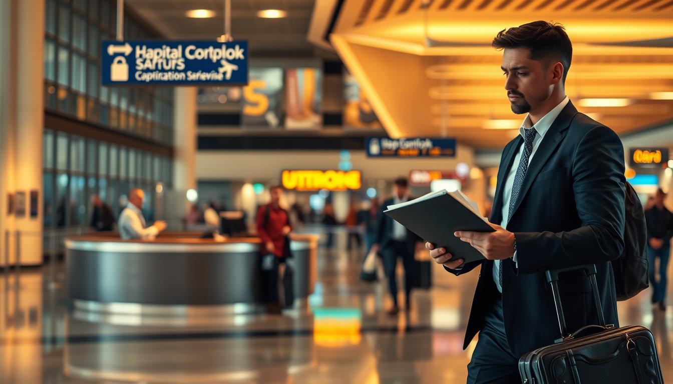 A business traveler navigating a busy airport terminal, briefcase in hand, focused expression as they review travel documents. Warm, ambient lighting casts a professional yet calming atmosphere. In the middle ground, an information desk with a helpful attendant providing guidance. In the background, a blend of modern architecture, airport signage, and fellow passengers moving through the space. The composition emphasizes the traveler's task-oriented mindset, conveying a sense of efficiency and claim-filing preparedness while traveling.