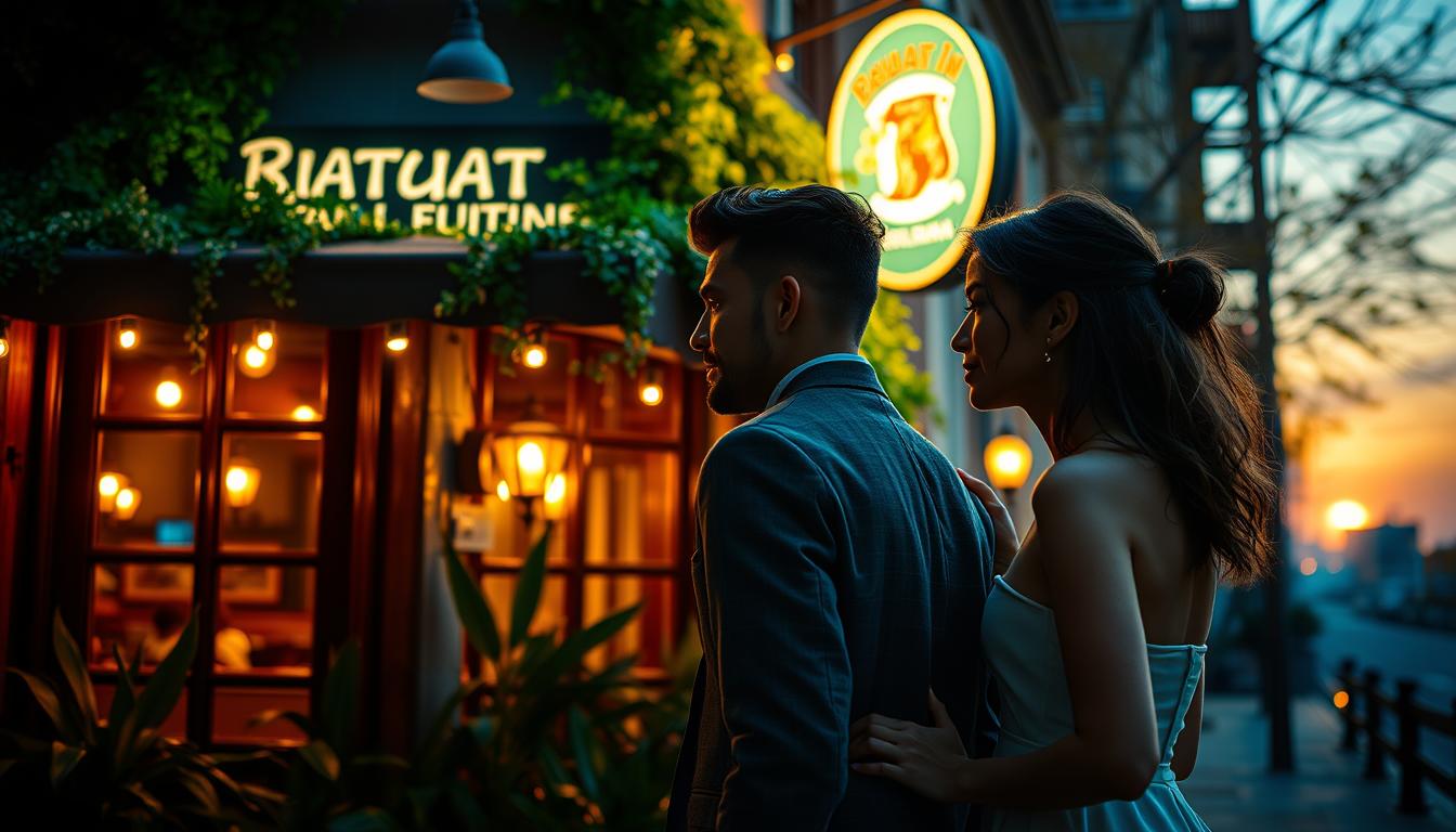 A couple preparing for a romantic date night, dressed in stylish attire, standing in front of a cozy, dimly lit restaurant with warm lighting and a rustic, inviting ambiance. The foreground features the couple's attentive expressions and affectionate body language, conveying the excitement and anticipation of their planned date. The middle ground showcases the restaurant's charming facade, with lush greenery and string lights adding to the intimate, welcoming atmosphere. The background blurs into a soft, hazy cityscape, hinting at the timing and setting of the scene, as the sun dips low on the horizon, casting a golden glow across the setting.