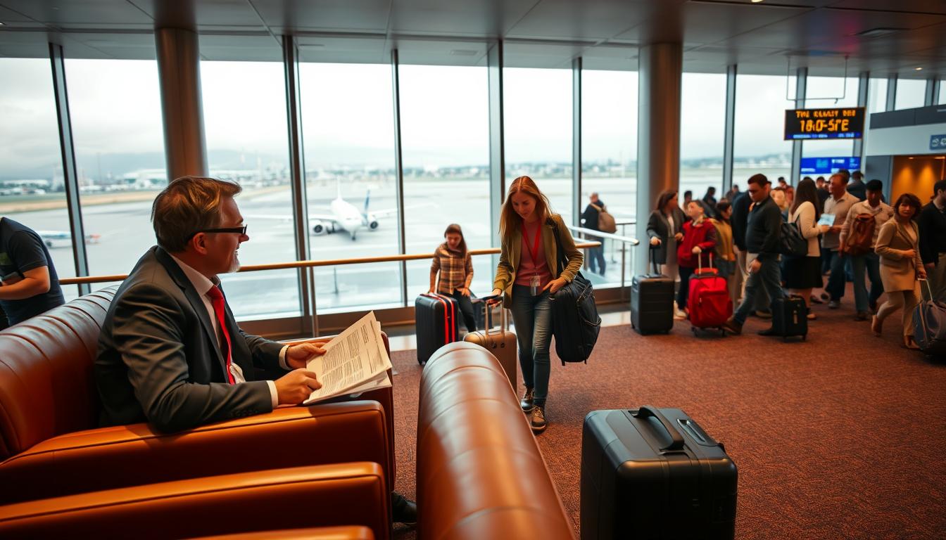 A cozy airport lounge with plush leather chairs and a panoramic view of the tarmac. Soft, diffused lighting creates a warm, inviting atmosphere. In the foreground, a pair of businesspeople review travel documents and discuss their upcoming trip. In the middle ground, a young family navigates security checkpoints, their expressions a mix of excitement and trepidation. In the background, a diverse array of travelers - from solo adventurers to large tour groups - move through the terminal, their luggage and carry-ons reflecting the varied nature of their journeys. An establishing shot that captures the real-world scenarios and diverse coverage needs of modern travel.