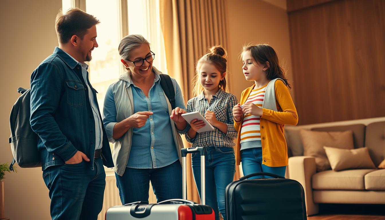 A family of four standing in front of a travel insurance calculator, with a rolling suitcase and backpack at their feet. The scene is well-lit, with warm, natural lighting filtering through a window in the background. The parents are engaged in an animated discussion, pointing at the calculator's display, while the children observe curiously. The overall atmosphere conveys a sense of thoughtful consideration and financial responsibility as the family navigates the costs and value of their travel insurance options.
