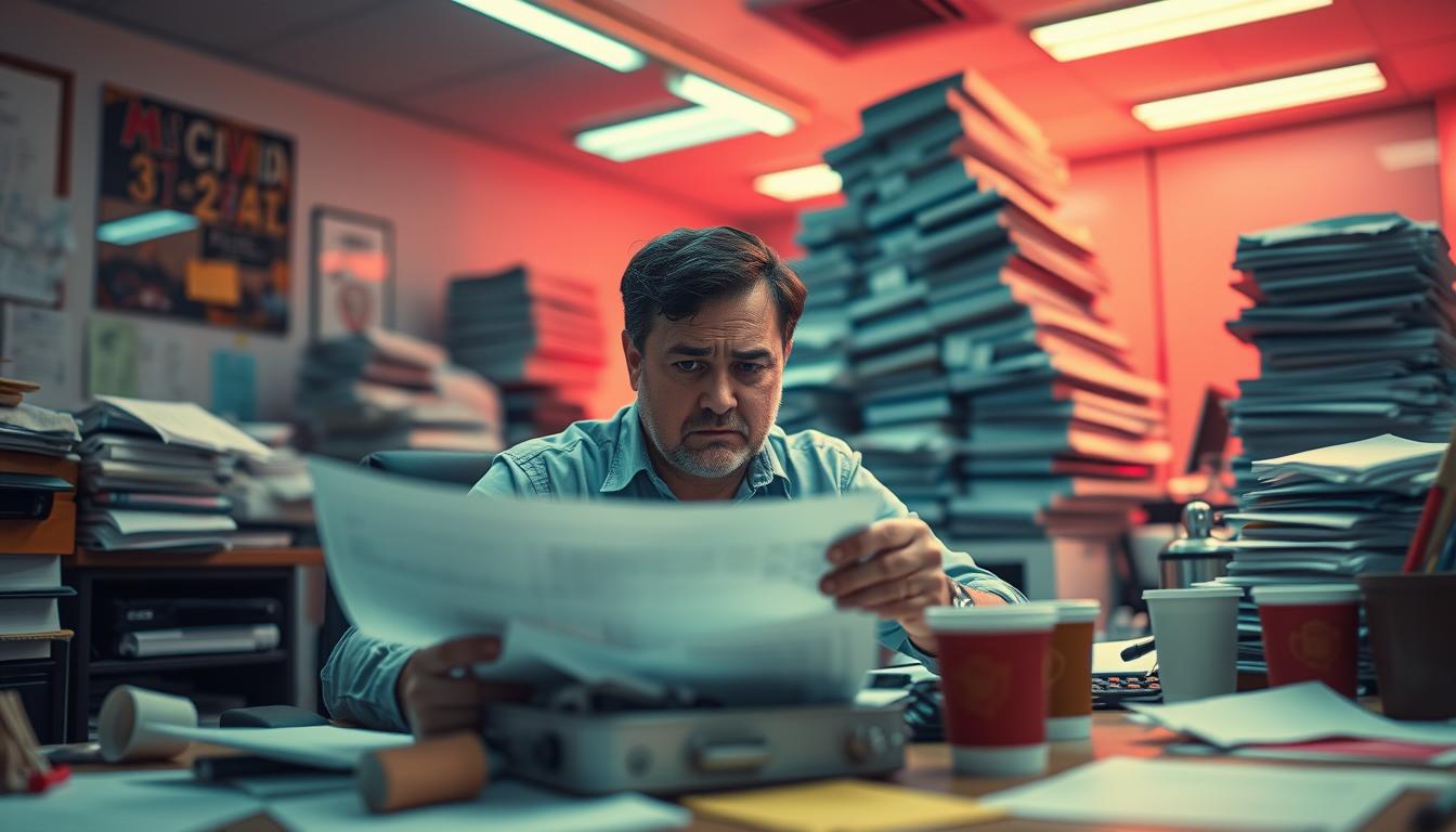A harried customer service representative, weary from hours of negotiations, sits at a cluttered desk amidst a sea of insurance claim forms and discarded coffee cups. The fluorescent lighting casts a harsh glare, highlighting the tension etched on their face as they grapple with the complexities of a pandemic-related travel insurance claim. In the background, a towering pile of unresolved cases looms, a visual metaphor for the 'claim friction' experienced by countless consumers during the COVID-19 crisis. The scene conveys the frustration, bureaucratic obstacles, and sense of helplessness that many travelers faced when seeking coverage for their disrupted plans.