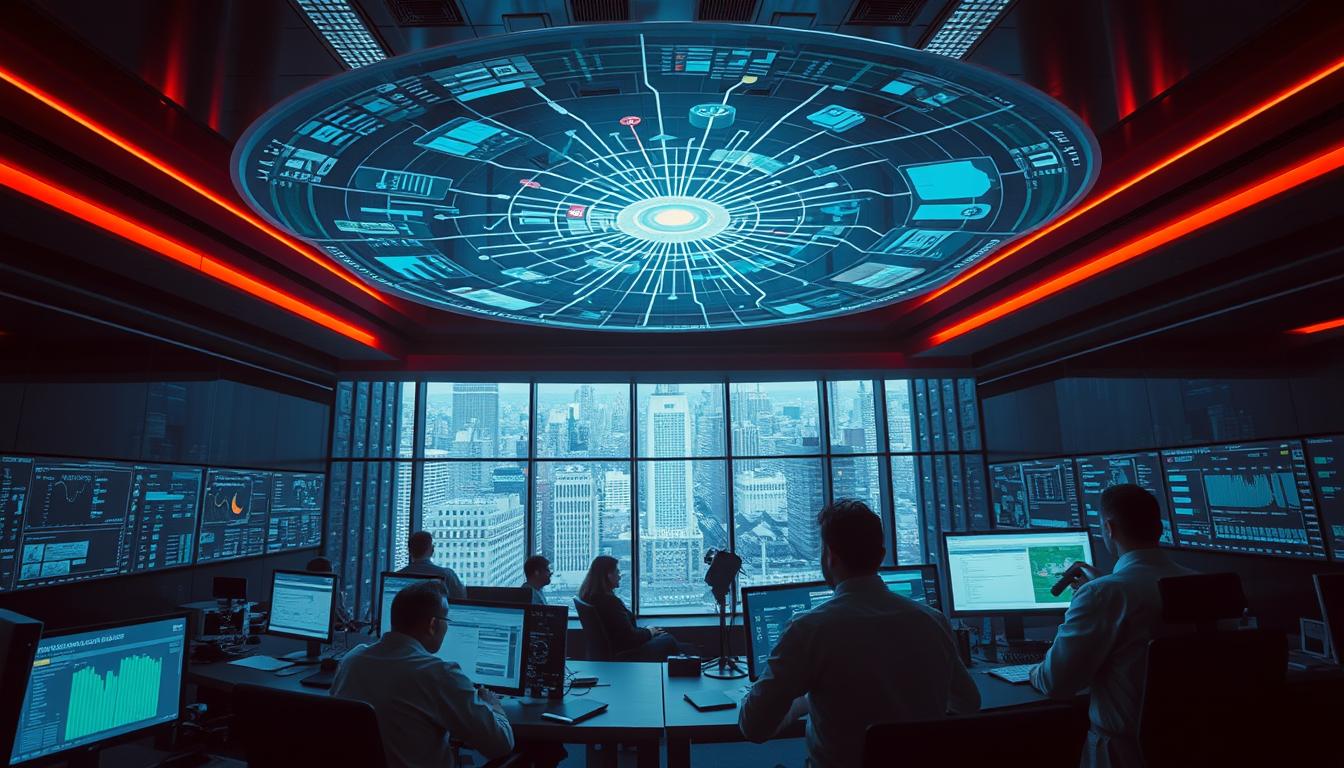 A high-tech fraud detection command center, with banks of monitors displaying complex data visualizations and analytics. In the foreground, a team of analysts scrutinize financial transactions, searching for anomalies and red flags. The middle ground features a large holographic display, projecting a web of interconnected transactions, phone records, and social media activity. In the background, a panoramic window overlooks a bustling cityscape, underscoring the scale and sophistication of the fraud detection operation. Dramatic, high-contrast lighting casts dramatic shadows, emphasizing the gravity of the task at hand. The overall atmosphere conveys a sense of relentless vigilance and uncompromising scrutiny in the face of crafty, determined fraudsters.