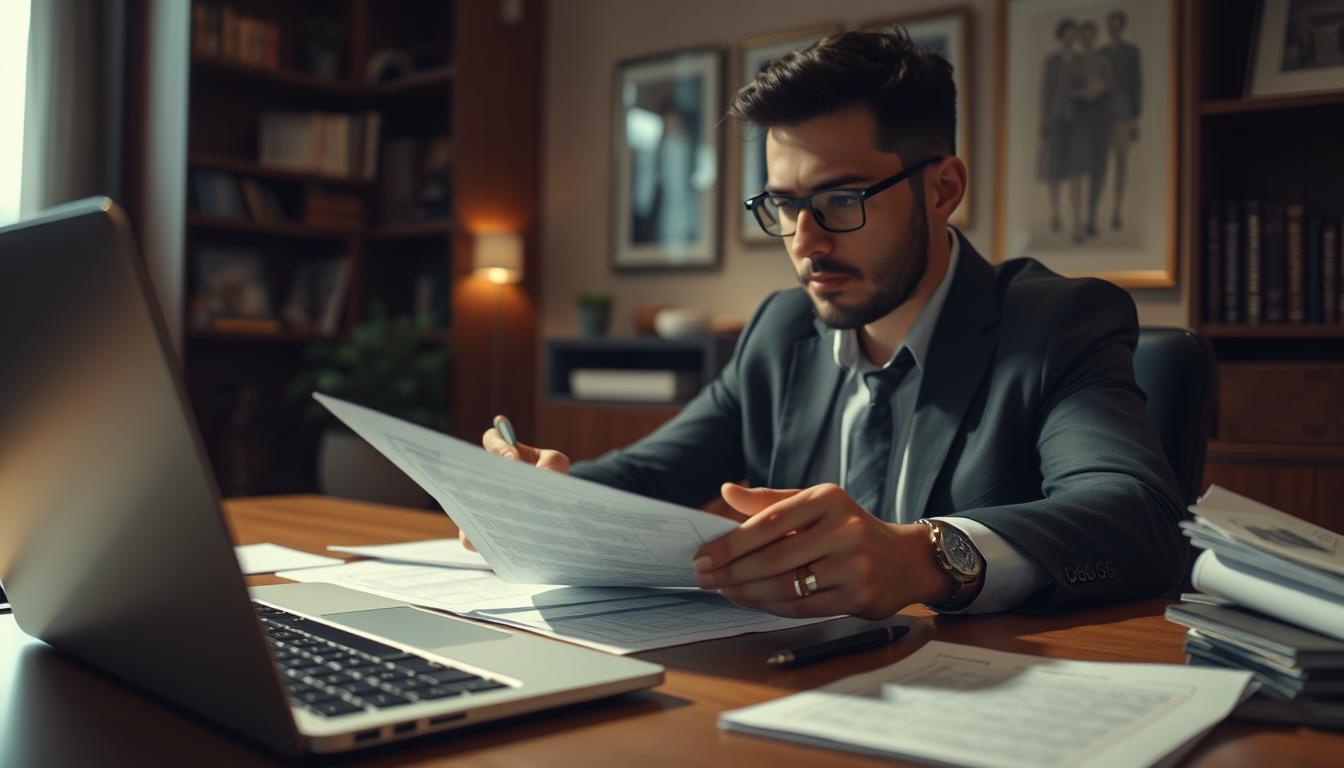 A professional businessperson sitting at a desk, reviewing documents and considering a partial payment offer. The scene is illuminated by warm, indirect lighting, casting a thoughtful, contemplative mood. In the foreground, a laptop, a pen, and papers spread out, creating a sense of active engagement. The middle ground shows the person's hands and face, deep in concentration. The background features a cozy, organized office environment, with bookcases and framed artwork, suggesting a refined, professional setting. The composition emphasizes the deliberation and decision-making process involved in responding to a partial payment offer.