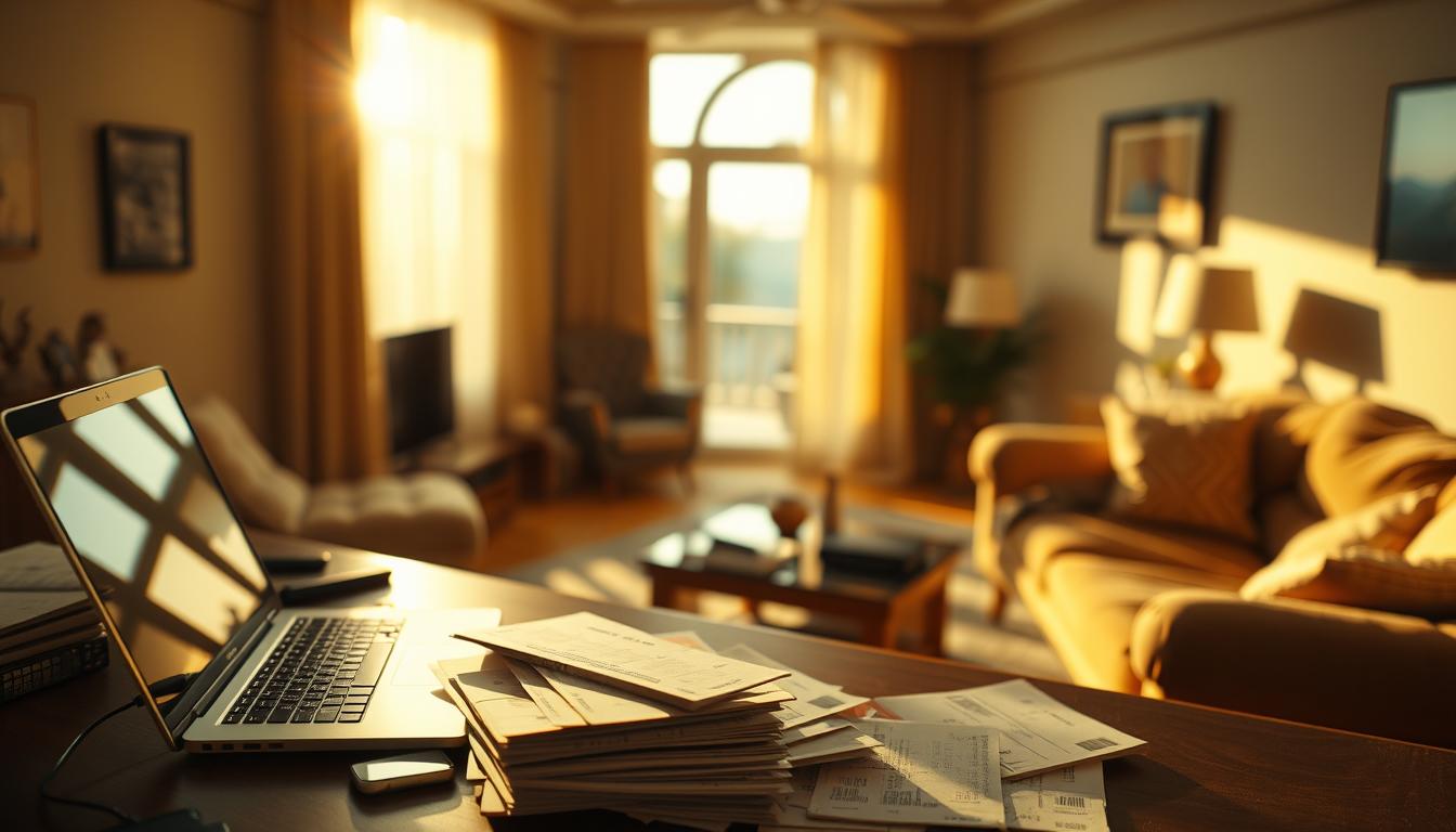 A serene home interior, bathed in warm, golden light filtering through sheer curtains. In the foreground, a meticulously organized desk with a laptop, airline tickets, and a stack of documents - the tools of a canceled trip. The middle ground reveals a cozy living space, with plush furniture and personal mementos, creating a sense of comfort and safety. In the background, a blurred view of the outdoors, suggesting the missed opportunity for adventure and exploration. The overall mood is one of disappointment tinged with relief, as the traveler confronts the unexpected circumstances that have disrupted their plans.