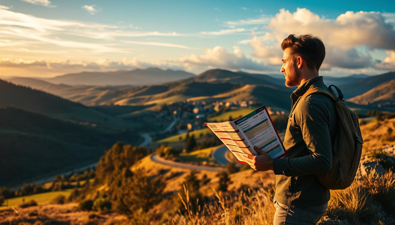 A serene landscape with rolling hills, a winding country road, and a picturesque village in the distance. In the foreground, a traveler stands at the edge of the frame, gazing thoughtfully at a vibrant, colorful travel insurance policy document in their hands. Warm, golden afternoon light filters through wispy clouds, casting a tranquil, reassuring atmosphere. The composition is balanced, with the traveler's contemplative pose mirrored by the peaceful, bucolic setting, conveying a sense of security and preparedness for the journey ahead. The image evokes the idea of comprehensive coverage and peace of mind when embarking on a trip.