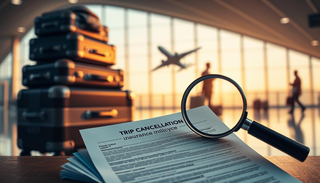 A serene travel scene with a stack of suitcases, a plane ticket, and a magnifying glass examining the fine print of a trip cancellation insurance policy. The foreground features the insurance documents against a blurred background of an airport terminal, with soft, warm lighting highlighting the details. The middle ground showcases the suitcases, reflecting the traveler's anticipation and preparation. In the background, a faint silhouette of a jet plane stands as a reminder of the journey ahead, emphasizing the importance of comprehensive coverage. The overall mood is one of contemplation, underscoring the decision-making process involved in determining the value of travel insurance.