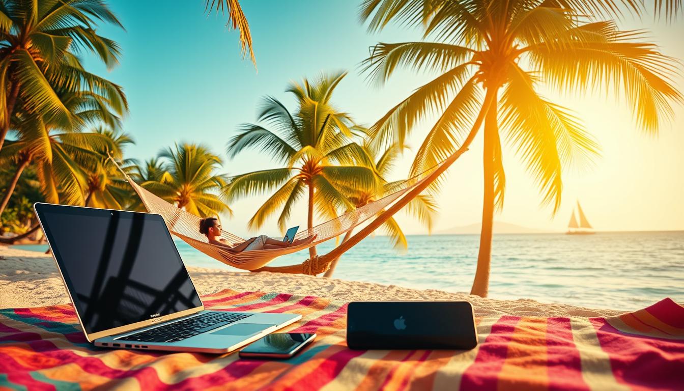 A serene tropical setting, with palm trees swaying in the gentle breeze. In the foreground, a laptop and smartphone lie on a colorful beach towel, symbolizing the ability to work and access healthcare remotely. In the middle ground, a person lounges in a hammock, laptop open, representing the flexibility and freedom of a nomadic lifestyle. The background features a crystal-clear ocean, with a small sailboat in the distance, evoking a sense of adventure and exploration. Warm, golden lighting illuminates the scene, creating a calming and inviting atmosphere. The overall composition conveys the seamless integration of travel, work, and healthcare that a comprehensive nomad-first insurance plan can provide.