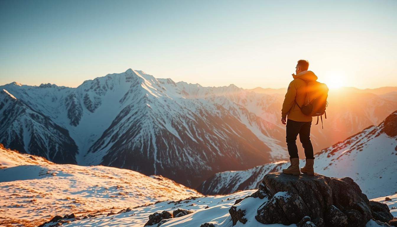 A snow-covered alpine landscape, with a snowy mountain range in the background, bathed in warm golden hour light. In the foreground, a lone traveler stands on a rocky outcrop, gazing out at the breathtaking view, their jacket and backpack suggesting a recent hike. The scene conveys a sense of tranquility, adventure, and the awe-inspiring power of nature. The overall mood is one of serene contemplation, with the image capturing the essence of the "Real-Life Scenarios: From Weather Disruptions to COVID-19" section of the article.