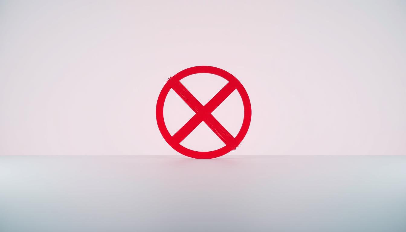 A stark, minimalist composition depicting the concept of "cancellation". In the foreground, a red "X" symbol prominently displayed, casting an ominous shadow on a plain, white backdrop. The X is crisp and geometric, created with bold, decisive strokes that convey a sense of finality and abrupt termination. The middle ground is empty, devoid of any distracting elements, allowing the primary symbol to command attention. The lighting is flat and shadowless, creating a clinical, administrative atmosphere. The camera angle is directly frontal, lending an authoritative, official tone to the image. The overall mood is one of bureaucratic indifference, where a simple mark can represent the denial or delay of a significant request.