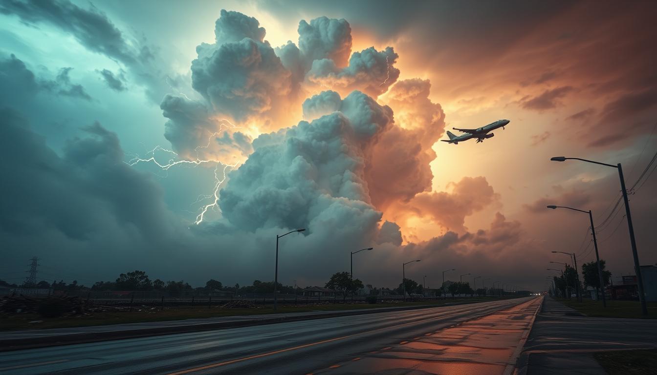 A tumultuous scene of severe weather unfolds, captured with cinematic flair. In the foreground, a towering cumulonimbus cloud towers ominously, its jagged edges backlit by bursts of lightning. Swirling winds whip up a maelstrom of debris, casting an ominous shadow over the landscape. The middle ground reveals a deserted, rain-drenched street, puddles reflecting the dramatic sky above. In the distance, a commercial airliner struggles to navigate the turbulent conditions, its wings buffeted by the gusting winds. The overall atmosphere is one of foreboding and uncertainty, a stark reminder of the power of nature and the challenges faced by travelers caught in the throes of severe weather.