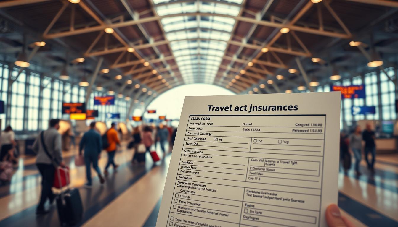 A vibrant, photorealistic image of a travel insurance claim form against a backdrop of a bustling airport terminal. The foreground features the claim form prominently displayed, with clear and legible fields for personal details, trip information, and itemized expenses. The middle ground showcases the dynamic movement of travelers, with passengers dragging luggage, checking flight boards, and conversing at ticket counters. The background is a sweeping panorama of the terminal's architecture, with high ceilings, expansive windows, and a warm, natural lighting that illuminates the scene. The overall mood conveys a sense of efficient organization and the reassurance of a straightforward claims process, reflecting the importance of travel insurance in the journey.