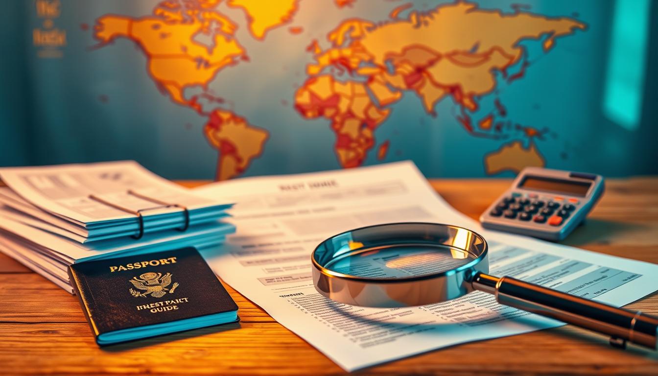A vibrant travel insurance guide with a modern, informative layout. In the foreground, a stack of travel documents, passport, and a magnifying glass examining the fine print. In the middle ground, a well-organized checklist and a calculator, indicating the analytical process of finding the best deal. The background features a muted world map, suggesting the global nature of travel insurance. Warm, directional lighting illuminates the scene, creating a sense of clarity and focus. The overall mood is one of diligence, research, and the empowerment of the traveler to make a practical, informed decision about their travel insurance.