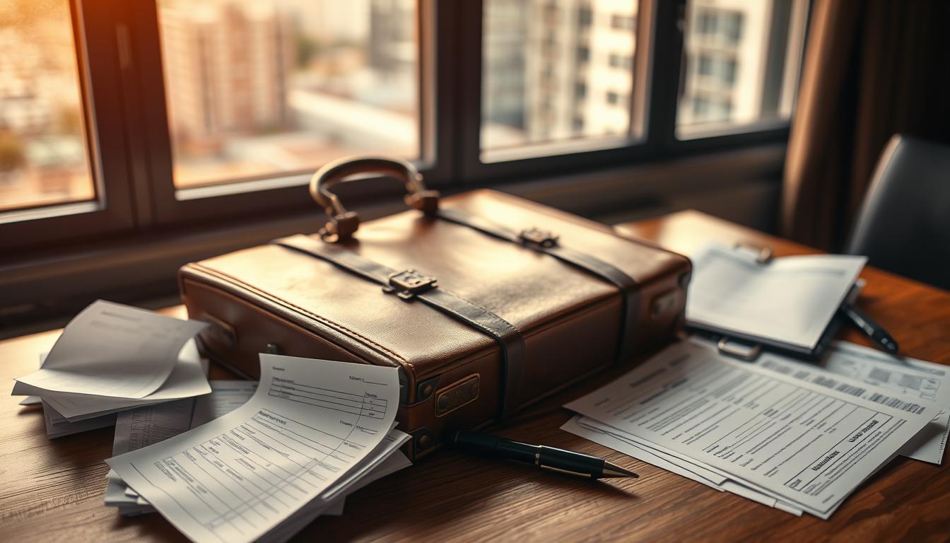 A weathered leather suitcase sits atop a wooden table, surrounded by a scattered array of travel documents, receipts, and a pen. Soft, warm lighting casts a contemplative glow, evoking a sense of thoughtful reflection. In the background, a window frames a blurred cityscape, hinting at the journey that led to this moment of insurance claim resolution. The scene conveys the real-world experience of navigating the complexities of travel coverage, with the suitcase and paperwork serving as tangible reminders of the challenges overcome.
