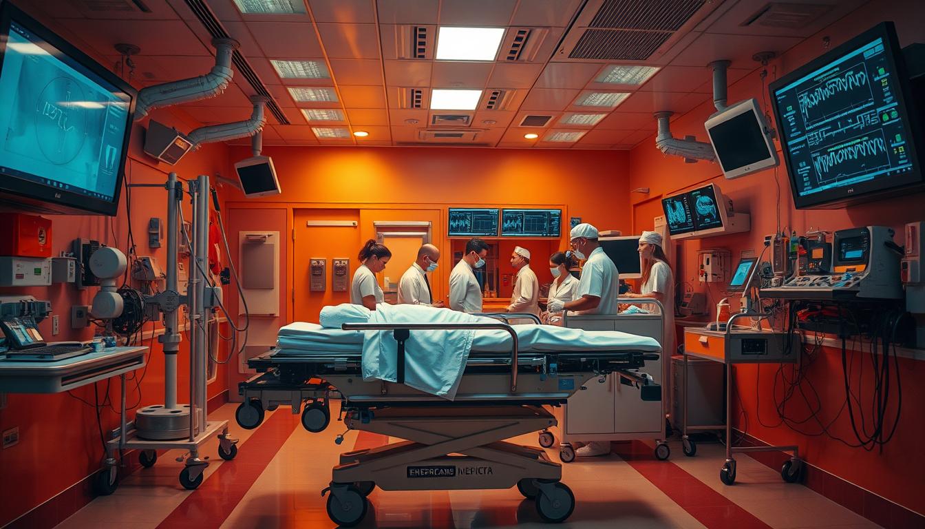 A well-equipped emergency medical bay, bathed in the warm glow of overhead lighting. In the foreground, a stretcher stands ready, outfitted with advanced life-support equipment. Beside it, a medical cart displays an array of essential supplies and medications. In the middle ground, a team of highly trained medical professionals, clad in crisp white uniforms, work diligently to provide immediate care. The background is dominated by state-of-the-art monitoring systems, their screens displaying vital signs and diagnostic data. The atmosphere conveys a sense of urgency, professionalism, and unwavering dedication to saving lives.