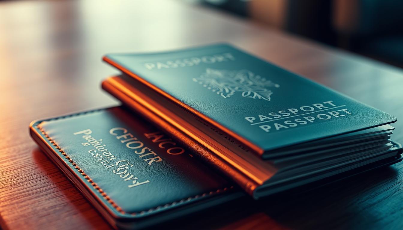 Passport, a sleek and essential travel companion, resting on a wooden surface. Detailed rendition of the cover, embossed with intricate patterns, conveying a sense of authority and authenticity. Illuminated by soft, directional lighting that accentuates the tactile texture of the pages within, each stamped with official seals and visas. The background is slightly blurred, creating a sense of focus on the passport itself, emphasizing its significance as a vital document for claiming identity and navigating the world. The overall mood is one of professionalism, organization, and the excitement of potential adventures ahead.