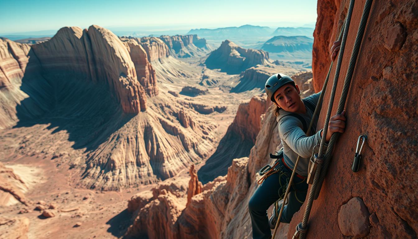 A breathtaking rock climbing scene set against the majestic backdrop of towering sandstone cliffs. In the foreground, a skilled climber navigates a challenging route, their determined expression and dynamic movement captured in crisp detail. The middle ground reveals the intricate network of ropes, carabiners, and safety gear, while the distant background showcases the rugged, wind-swept landscape of a renowned climbing destination, perhaps Yosemite or Red Rocks. Warm, directional lighting casts dramatic shadows, evoking a sense of adventure and accomplishment. The overall composition conveys the thrill, focus, and self-reliance required for this extreme outdoor pursuit. A breathtaking rock climbing scene set against the majestic backdrop of towering sandstone cliffs. In the foreground, a skilled climber navigates a challenging route, their determined expression and dynamic movement captured in crisp detail. The middle ground reveals the intricate network of ropes, carabiners, and safety gear, while the distant background showcases the rugged, wind-swept landscape of a renowned climbing destination, perhaps Yosemite or Red Rocks. Warm, directional lighting casts dramatic shadows, evoking a sense of adventure and accomplishment. The overall composition conveys the thrill, focus, and self-reliance required for this extreme outdoor pursuit.