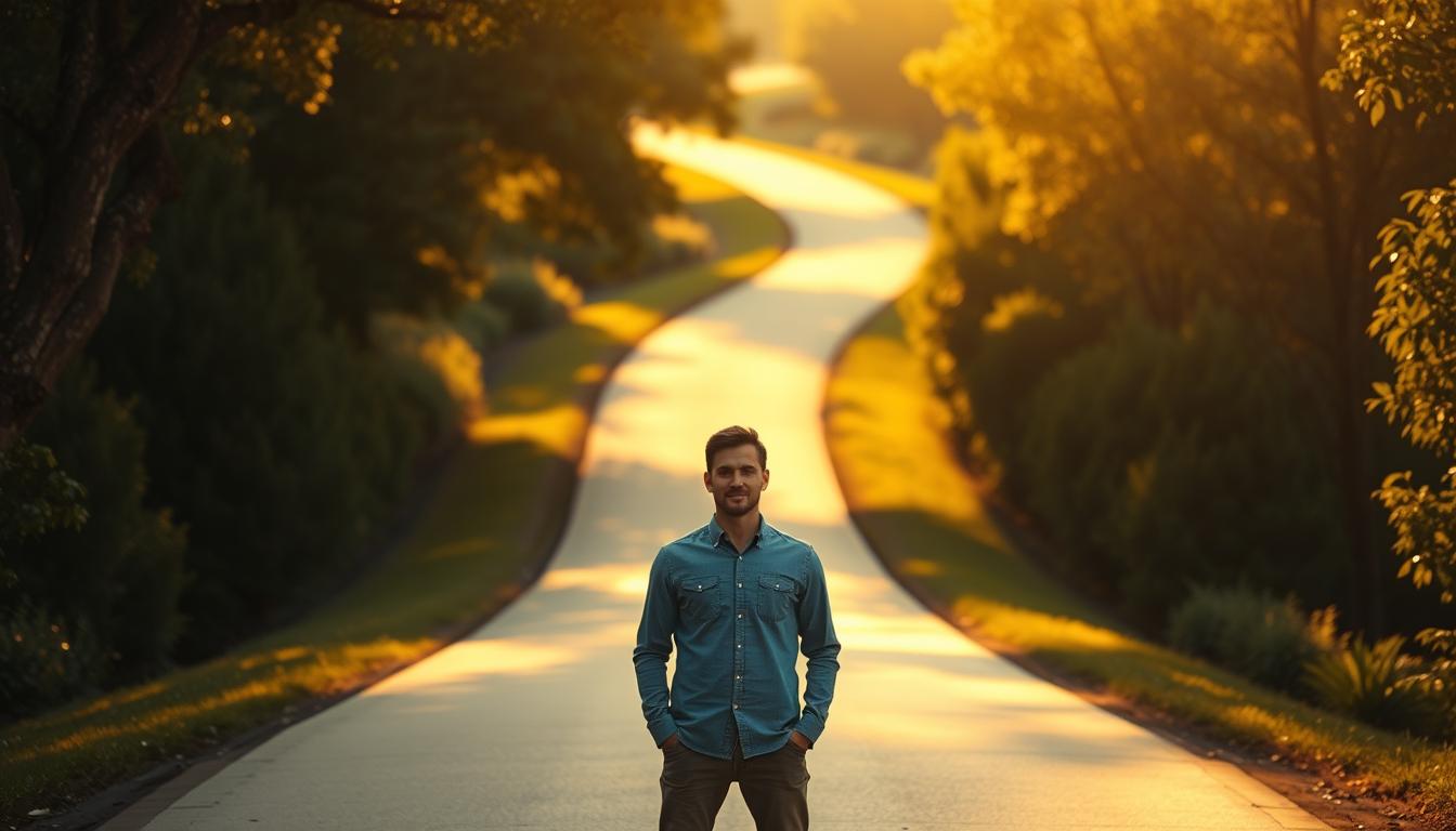 A confident person standing tall, their gaze unwavering, against a backdrop of a smooth, winding path leading to a payout. Warm, golden sunlight bathes the scene, casting a sense of clarity and resolve. The path is lined with lush greenery, symbolizing the journey's growth and progress. The person's posture exudes a calm yet determined demeanor, reflecting the process of claiming with confidence. The composition emphasizes the person's central role, framed by the path and nature, guiding the viewer's attention to the core message of the scene.