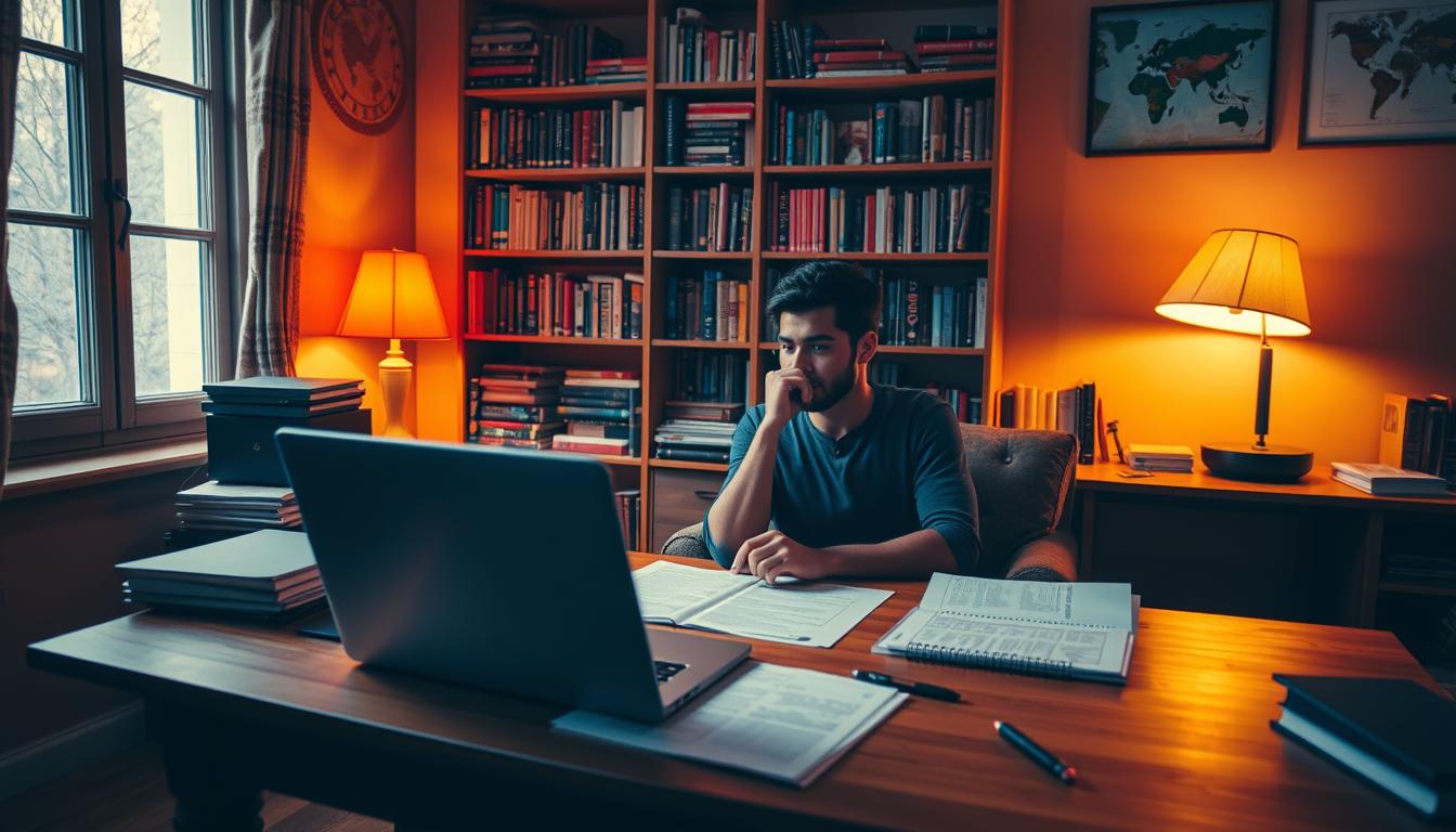 A cozy study nook with a warm, soft lighting illuminating a wooden desk. On the desk, a laptop, a pen, and a stack of documents, all arranged neatly. In the foreground, a person sits comfortably, deep in thought, considering different options and plans laid out before them. The background features a bookshelf filled with various resources, creating a sense of knowledge and guidance. The overall atmosphere is one of contemplation and confidence, inviting the viewer to envision themselves making an informed decision about their travel insurance plan.