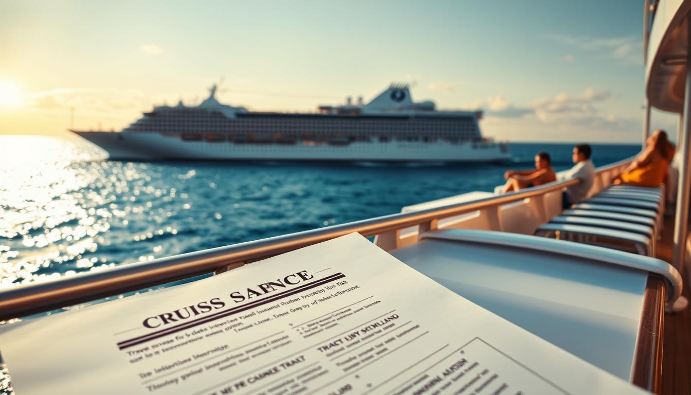 A cruise ship sailing across a vast, azure ocean, its sleek, modern silhouette cutting through the glistening waves. In the foreground, a vibrant travel insurance policy document, its details meticulously rendered, reflecting the importance of protecting one's journey. The middle ground features a group of passengers relaxing on the ship's deck, their expressions conveying a sense of carefree adventure. The background showcases a breathtaking sunset, with warm hues painting the sky and the horizon, creating a serene and inviting atmosphere. The lighting is soft and natural, casting a gentle glow over the entire scene, emphasizing the importance of travel insurance in the context of a luxurious cruise experience.