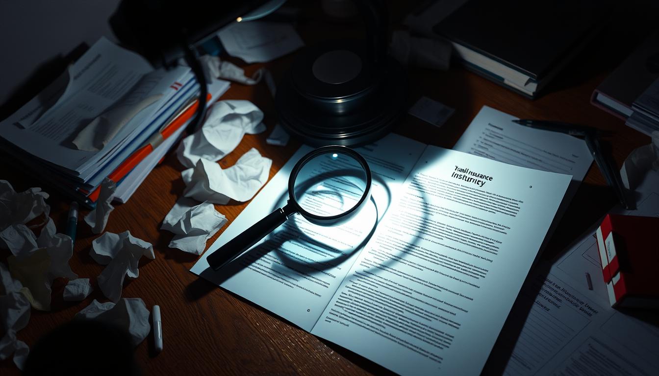 A dimly lit office desk, the surface littered with crumpled papers and scattered pens. In the center, a magnifying glass hovers over an opened travel insurance policy, its fine print illuminated in stark contrast. Shadows cast by a single desk lamp create an air of intensity, inviting the viewer to scrutinize the document as if decoding a mystery. The scene conveys a sense of caution and vigilance, a reminder to the traveler to read the fine print with diligence and care. A dimly lit office desk, the surface littered with crumpled papers and scattered pens. In the center, a magnifying glass hovers over an opened travel insurance policy, its fine print illuminated in stark contrast. Shadows cast by a single desk lamp create an air of intensity, inviting the viewer to scrutinize the document as if decoding a mystery. The scene conveys a sense of caution and vigilance, a reminder to the traveler to read the fine print with diligence and care.