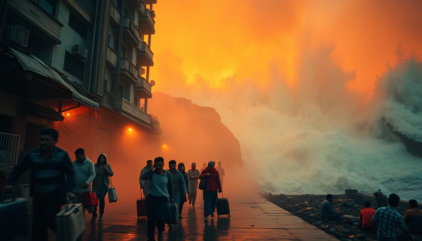 A dramatic scene of an emergency evacuation amid a natural disaster. In the foreground, a group of people hurriedly flee a collapsing building, carrying luggage and clutching loved ones. Smoke billows in the middle ground, obscuring the scene. In the background, a towering wall of water surges forward, signaling an imminent flood. The image is bathed in an eerie orange glow, creating a sense of urgency and chaos. Captured with a wide-angle lens to emphasize the scale of the disaster, the scene is illuminated by the warm, flickering light of a nearby fire. The mood is one of panic and desperation, underscoring the importance of having the right travel insurance to protect against such unexpected emergencies.