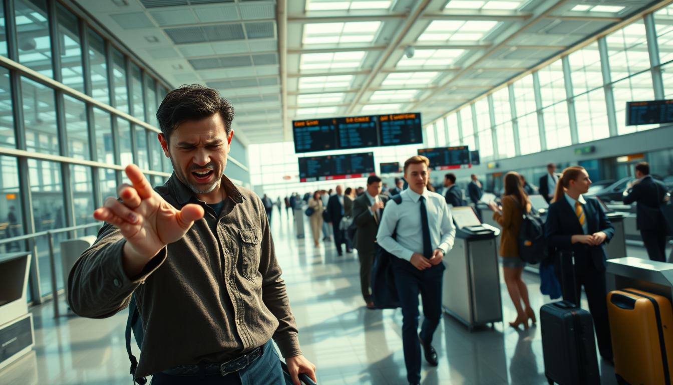 A modern airport terminal with floor-to-ceiling windows, bright and airy. In the foreground, a distraught traveler gestures emphatically, representing the obligations and frustrations of air travel delays and cancellations. In the middle ground, airline staff in crisp uniforms attend to the needs of passengers, symbolizing the responsibilities of the carriers. The background depicts a vast array of departure boards, baggage carousels, and signage, conveying the complexities of navigating the airline system. The lighting is natural, filtering through the windows, creating a sense of urgency and tension. The scene is captured with a wide-angle lens, emphasizing the scale and bureaucratic nature of the airline industry.