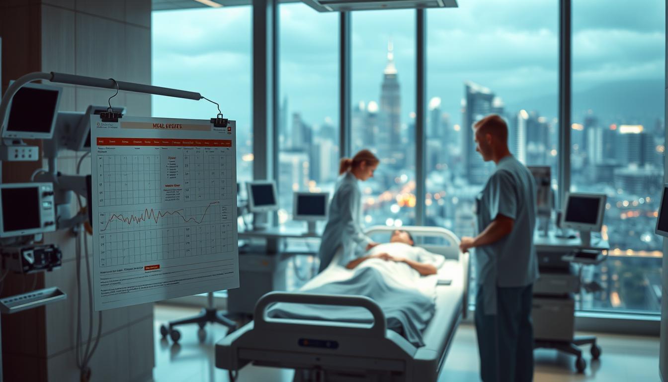A modern hospital room with an array of medical equipment, illuminated by soft, natural lighting filtering through large windows. In the foreground, a medical chart hovers above a sleek hospital bed, conveying a sense of comprehensive coverage and attentive care. In the middle ground, a nurse tends to a patient, their expressions calm and reassuring. The background features a panoramic view of a bustling city skyline, symbolizing the broad reach and accessibility of the medical services. The overall atmosphere exudes a sense of safety, professionalism, and the latest advancements in healthcare technology.