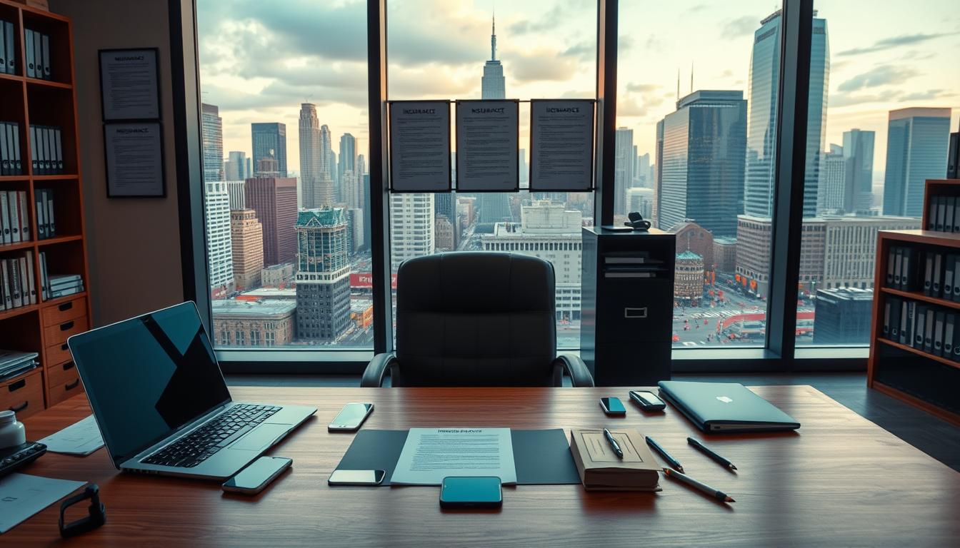 A modern, well-lit office interior with a wide window overlooking a bustling city skyline. In the foreground, a wooden desk with a laptop, smartphone, and various office supplies neatly arranged. Behind it, a comfortable leather chair facing the window. On the wall, a series of framed insurance policy documents, highlighting different coverage options. In the middle ground, a filing cabinet and bookshelf filled with reference materials. The background features the cityscape, with towering skyscrapers and a vibrant, active street scene. The overall atmosphere is one of professionalism, attention to detail, and a sense of security and preparedness.