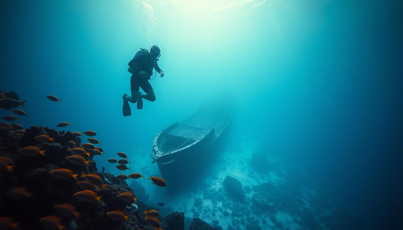A scuba diver descends into the depths, surrounded by the eerie silence of the underwater world. In the foreground, a school of vibrant tropical fish dart through the coral, while in the middle ground, a shipwreck lies partially buried in the seabed, its rusted hull a stark contrast to the azure waters. The background is a vast, mysterious expanse, with rays of sunlight filtering down from the surface, creating a serene yet foreboding atmosphere. The diver's movements are captured in a tight, cinematic shot, highlighting the isolation and vulnerability of the scene. The lighting is moody and dramatic, with subtle shifts in hue and contrast, conveying the sense of danger and exclusion inherent in this underwater adventure. A scuba diver descends into the depths, surrounded by the eerie silence of the underwater world. In the foreground, a school of vibrant tropical fish dart through the coral, while in the middle ground, a shipwreck lies partially buried in the seabed, its rusted hull a stark contrast to the azure waters. The background is a vast, mysterious expanse, with rays of sunlight filtering down from the surface, creating a serene yet foreboding atmosphere. The diver's movements are captured in a tight, cinematic shot, highlighting the isolation and vulnerability of the scene. The lighting is moody and dramatic, with subtle shifts in hue and contrast, conveying the sense of danger and exclusion inherent in this underwater adventure.
