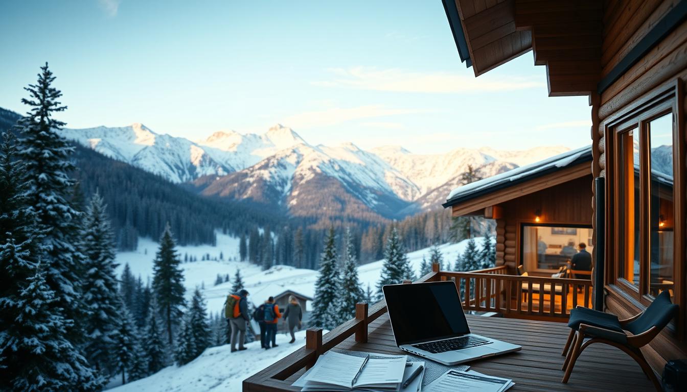A serene alpine landscape, with snow-capped peaks and a crisp blue sky. In the foreground, a wooden chalet nestled among the evergreens, its warm interior visible through large windows. On the chalet's porch, a laptop and travel documents are laid out, representing the "provider snapshot" of various insurance plans and coverage options. The middle ground features a group of hikers, their backpacks and gear indicating their remote travel style. Subtle lighting casts a soft, golden glow, creating an atmosphere of contemplation and preparation. The scene conveys the harmony between the natural setting, the traveler's needs, and the insurance provider's ability to tailor coverage to the unique challenges of remote adventures. A serene alpine landscape, with snow-capped peaks and a crisp blue sky. In the foreground, a wooden chalet nestled among the evergreens, its warm interior visible through large windows. On the chalet's porch, a laptop and travel documents are laid out, representing the "provider snapshot" of various insurance plans and coverage options. The middle ground features a group of hikers, their backpacks and gear indicating their remote travel style. Subtle lighting casts a soft, golden glow, creating an atmosphere of contemplation and preparation. The scene conveys the harmony between the natural setting, the traveler's needs, and the insurance provider's ability to tailor coverage to the unique challenges of remote adventures.
