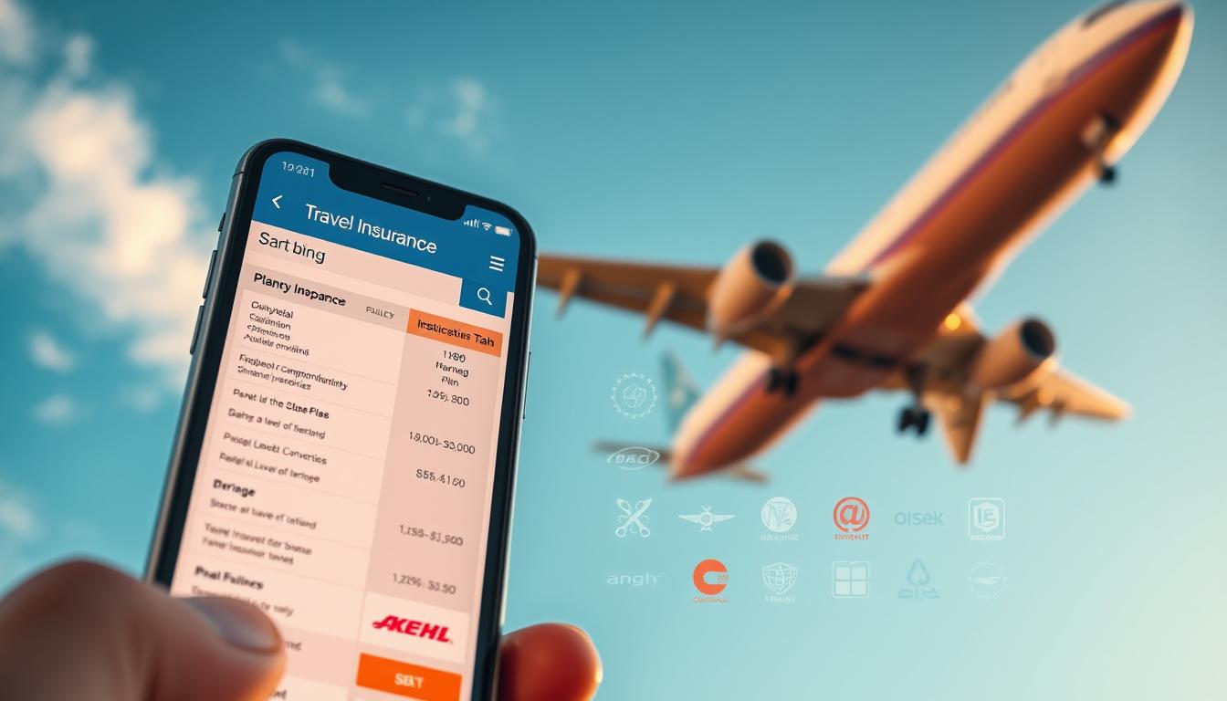 A vibrant and trustworthy travel insurance comparison website, showcasing various plans and providers against a backdrop of an aeroplane taking off into a blue sky. In the foreground, a smartphone displays a side-by-side comparison of policy details, coverage levels, and pricing. The middle ground features a variety of familiar insurance company logos and symbols, conveying a sense of reliability and professionalism. Warm, natural lighting illuminates the scene, creating a welcoming and reassuring atmosphere. The overall composition emphasizes the ease and confidence of using a reputable tool to navigate the complexities of travel insurance.