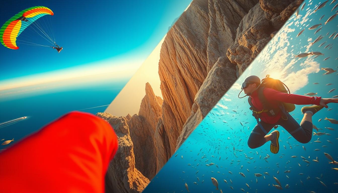 A vibrant collage of diverse adventure sports activities, captured in a dynamic and cinematic style. In the foreground, a skydiver plunges through the air, their colorful parachute billowing against a vast, azure sky. In the middle ground, a rock climber scales a towering cliff face, their chalked hands gripping the rugged terrain. In the background, a scuba diver explores a vibrant underwater world, surrounded by schools of tropical fish. The scene is bathed in warm, golden light, creating a sense of energy and excitement. The image conveys the thrill and variety of adventure sports, with a focus on the key activities that are typically covered by travel insurance. A vibrant collage of diverse adventure sports activities, captured in a dynamic and cinematic style. In the foreground, a skydiver plunges through the air, their colorful parachute billowing against a vast, azure sky. In the middle ground, a rock climber scales a towering cliff face, their chalked hands gripping the rugged terrain. In the background, a scuba diver explores a vibrant underwater world, surrounded by schools of tropical fish. The scene is bathed in warm, golden light, creating a sense of energy and excitement. The image conveys the thrill and variety of adventure sports, with a focus on the key activities that are typically covered by travel insurance.