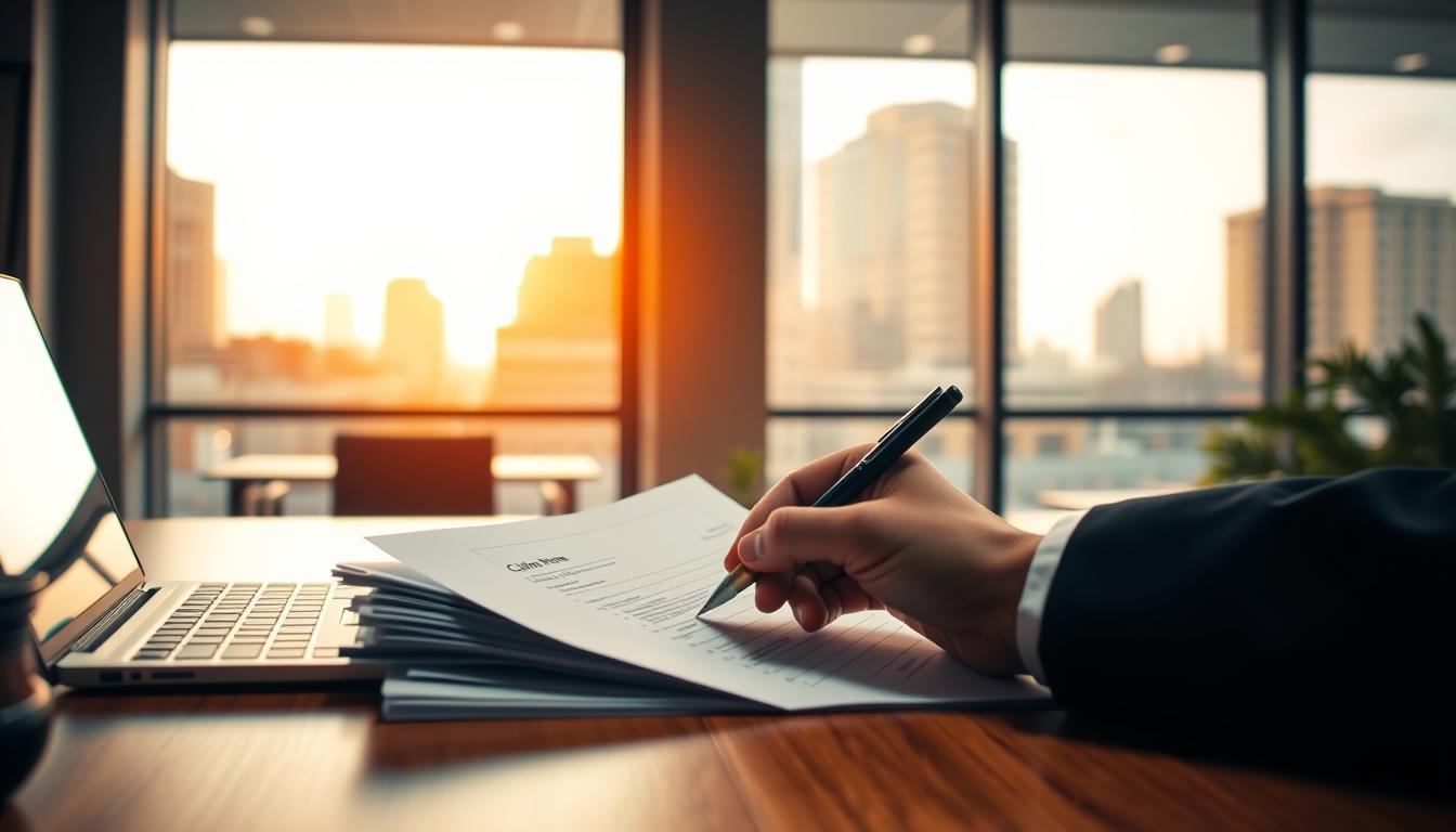 A well-lit office interior with a wooden desk, a laptop, and a stack of documents. In the foreground, a hand is filling out a claim form using a pen. The background features a window overlooking a bustling city street, with the faint silhouettes of office buildings in the distance. The lighting is warm and natural, creating a sense of professionalism and productivity. The overall scene conveys the process of making a travel insurance claim, with the necessary documentation and attention to detail.