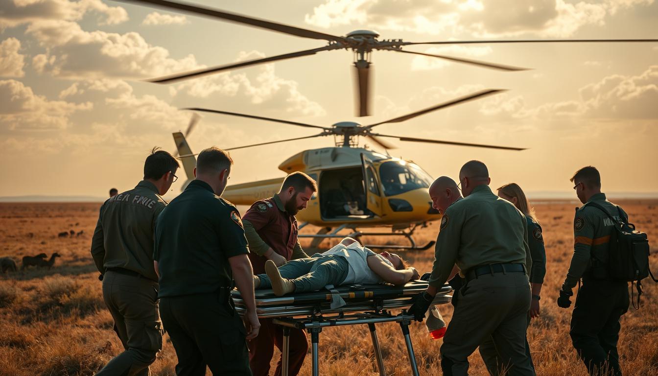 A medevac helicopter hovers overhead, its powerful blades beating the air. On the ground, a team of emergency medical personnel tend to an injured safari traveler, their faces etched with concern as they gently load the patient onto a stretcher. In the background, the vast, sun-drenched savanna stretches out, a dramatic contrast to the urgent scene unfolding. The scene is captured in a cinéma vérité style, with natural lighting and a sense of immediacy that conveys the importance of comprehensive travel insurance for unexpected medical emergencies during safari adventures.