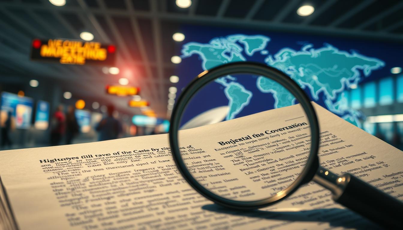 A meticulously crafted document, its pages filled with dense legalese, casting a shadow of uncertainty over a vibrant travel scene. In the foreground, a magnifying glass scrutinizes the fine print, revealing the hidden exclusions that could compromise coverage. The middle ground depicts a bustling airport terminal, passengers hurrying towards their destinations, unaware of the potential pitfalls. In the background, a world map, its borders blurred, highlights the high-risk areas that require heightened awareness and vigilance. Dramatic lighting creates a sense of foreboding, the harsh shadows emphasizing the importance of understanding the fine print before embarking on a journey. A meticulously crafted document, its pages filled with dense legalese, casting a shadow of uncertainty over a vibrant travel scene. In the foreground, a magnifying glass scrutinizes the fine print, revealing the hidden exclusions that could compromise coverage. The middle ground depicts a bustling airport terminal, passengers hurrying towards their destinations, unaware of the potential pitfalls. In the background, a world map, its borders blurred, highlights the high-risk areas that require heightened awareness and vigilance. Dramatic lighting creates a sense of foreboding, the harsh shadows emphasizing the importance of understanding the fine print before embarking on a journey.