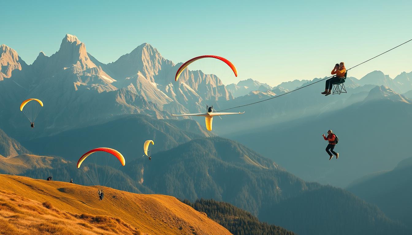 A serene afternoon in the mountains, with a diverse range of adventurous activities taking place. In the foreground, a group of paragliders soar gracefully against a backdrop of towering peaks, their colorful canopies billowing in the gentle breeze. In the middle ground, a hang glider glides effortlessly, its sleek frame cutting through the air. To the side, a group of thrill-seekers zip along a high-wire course, their laughter echoing through the crisp, mountain air. The scene is bathed in warm, golden light, casting a peaceful, adventurous atmosphere. The composition captures the spirit of exploration and the joy of outdoor pursuits. A serene afternoon in the mountains, with a diverse range of adventurous activities taking place. In the foreground, a group of paragliders soar gracefully against a backdrop of towering peaks, their colorful canopies billowing in the gentle breeze. In the middle ground, a hang glider glides effortlessly, its sleek frame cutting through the air. To the side, a group of thrill-seekers zip along a high-wire course, their laughter echoing through the crisp, mountain air. The scene is bathed in warm, golden light, casting a peaceful, adventurous atmosphere. The composition captures the spirit of exploration and the joy of outdoor pursuits.