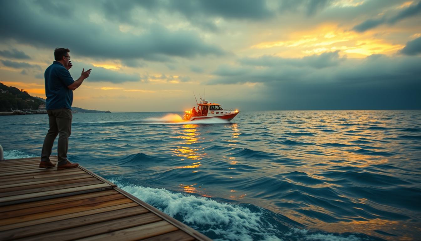 A serene coastal scene with a small harbor. In the foreground, a person standing on a dock, holding a phone and gesturing urgently. Waves gently lap against the wooden planks. In the middle ground, a rescue boat with flashing lights races across the calm waters, responding to a distress call. The sky is overcast, with warm golden light filtering through the clouds, creating a sense of drama and urgency. The entire scene is captured with a wide-angle lens, emphasizing the vastness of the ocean and the importance of the rescue operation. The mood is one of heightened tension and the need for swift, professional intervention.