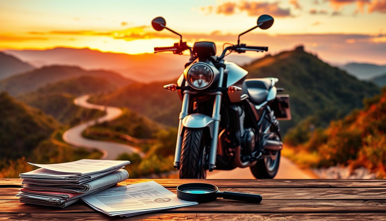 A sleek, silver motorcycle stands in the center, its chrome gleaming under the warm, golden light of sunset. In the background, a winding mountain road snakes through lush, verdant hills, framed by a vibrant orange-pink sky. In the foreground, a stack of documents and a magnifying glass rest on a wooden table, symbolizing the research and comparison process for finding the best motorcycle travel insurance. A sense of adventure and exploration pervades the scene, as the rider prepares to embark on their journey, armed with the right coverage to protect them along the way. A sleek, silver motorcycle stands in the center, its chrome gleaming under the warm, golden light of sunset. In the background, a winding mountain road snakes through lush, verdant hills, framed by a vibrant orange-pink sky. In the foreground, a stack of documents and a magnifying glass rest on a wooden table, symbolizing the research and comparison process for finding the best motorcycle travel insurance. A sense of adventure and exploration pervades the scene, as the rider prepares to embark on their journey, armed with the right coverage to protect them along the way.