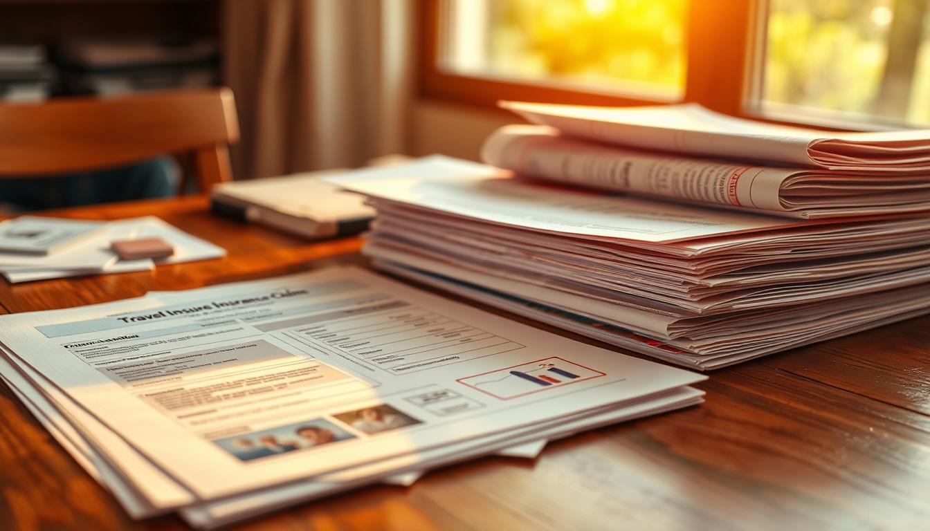 A stack of travel insurance claim documentation neatly organized on a wooden table, bathed in warm, natural lighting. The documents include a claim form, receipts, medical records, and photographs of damaged or lost items. The scene conveys a sense of diligence and attention to detail, with the paperwork arranged in a deliberate, easy-to-reference manner. The background is slightly blurred, keeping the focus on the important documents at hand, ready to be submitted for a smooth insurance claim process.