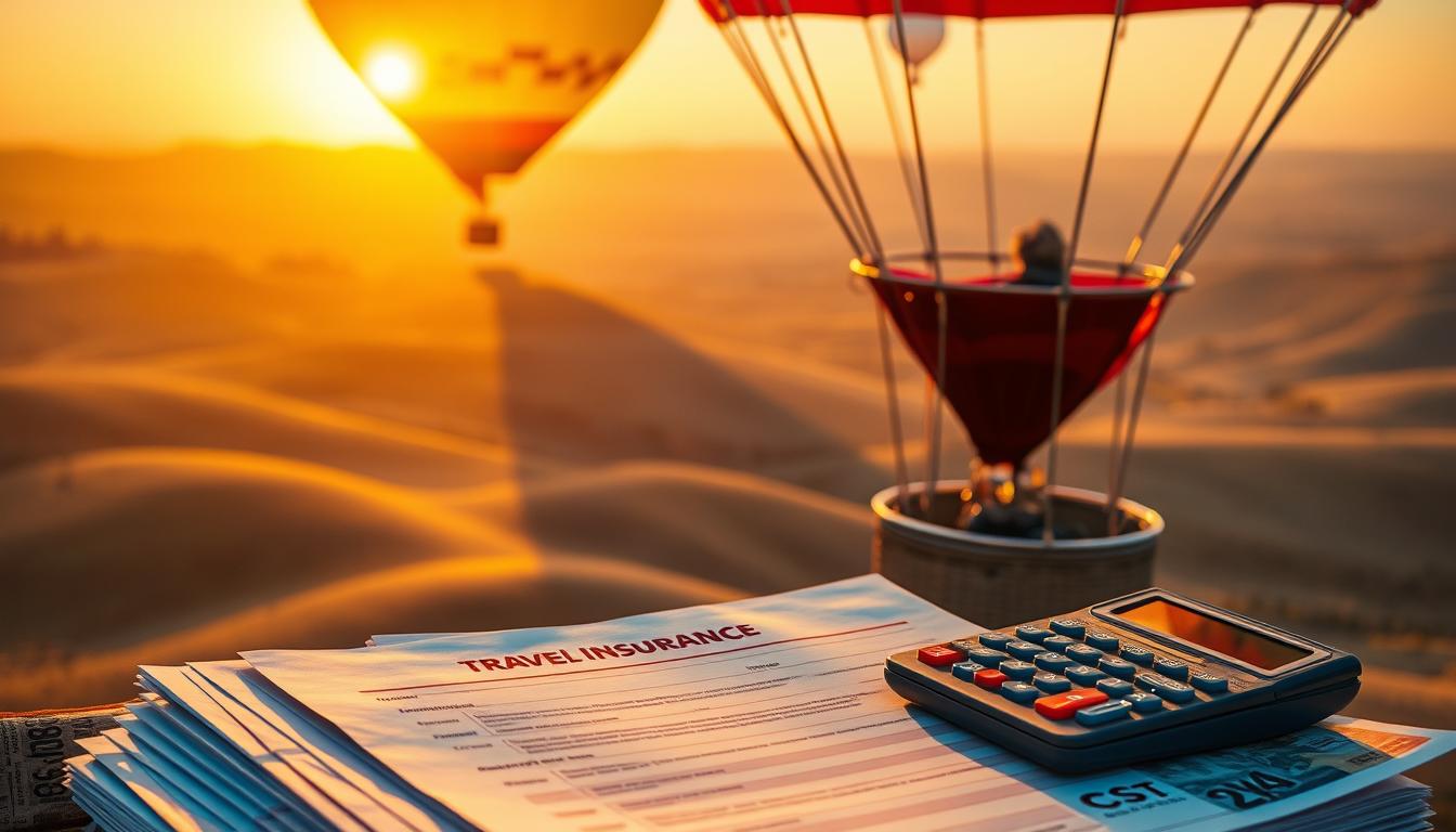 A vibrant hot air balloon soaring against a warm, golden sky, casting a long shadow on the rolling hills below. In the foreground, a stack of colorful travel insurance documents, with a calculator and currency notes neatly arranged, conveying the concept of "cost" for this adventurous experience. The balloon's basket is partially visible, hinting at the thrill and anticipation of the journey. The overall scene radiates a sense of exploration, practicality, and the careful consideration of financial planning for a hot air balloon adventure.