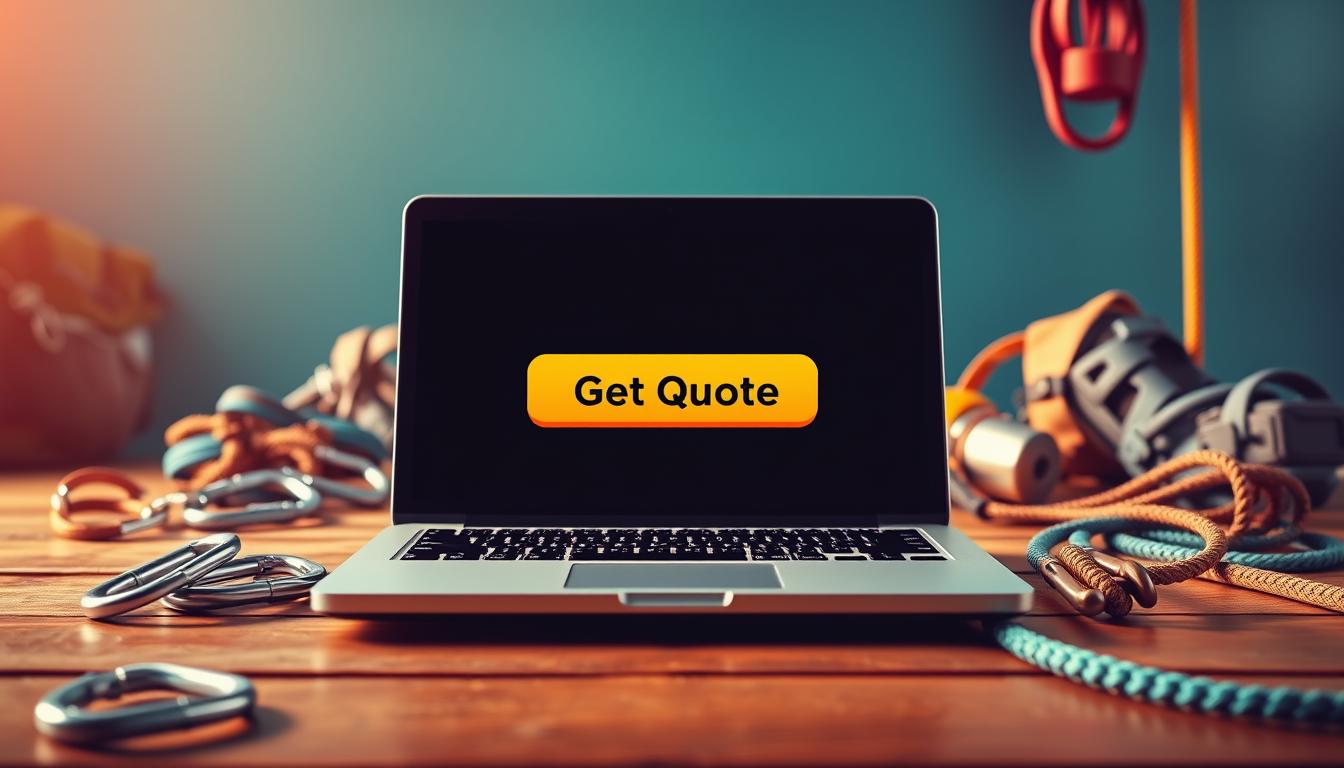 Vibrant and modern stock photo-style image of a laptop screen displaying a "Get Quote" button, against a backdrop of rock climbing equipment and accessories. The laptop is positioned on a wooden table, with carabiners, ropes, and other climbing gear arranged artfully around it. Warm, natural lighting illuminates the scene, creating a sense of adventure and exploration. The image conveys the idea of researching and purchasing travel insurance for rock climbing activities, with the "Get Quote" button as the focal point. Vibrant and modern stock photo-style image of a laptop screen displaying a "Get Quote" button, against a backdrop of rock climbing equipment and accessories. The laptop is positioned on a wooden table, with carabiners, ropes, and other climbing gear arranged artfully around it. Warm, natural lighting illuminates the scene, creating a sense of adventure and exploration. The image conveys the idea of researching and purchasing travel insurance for rock climbing activities, with the "Get Quote" button as the focal point.