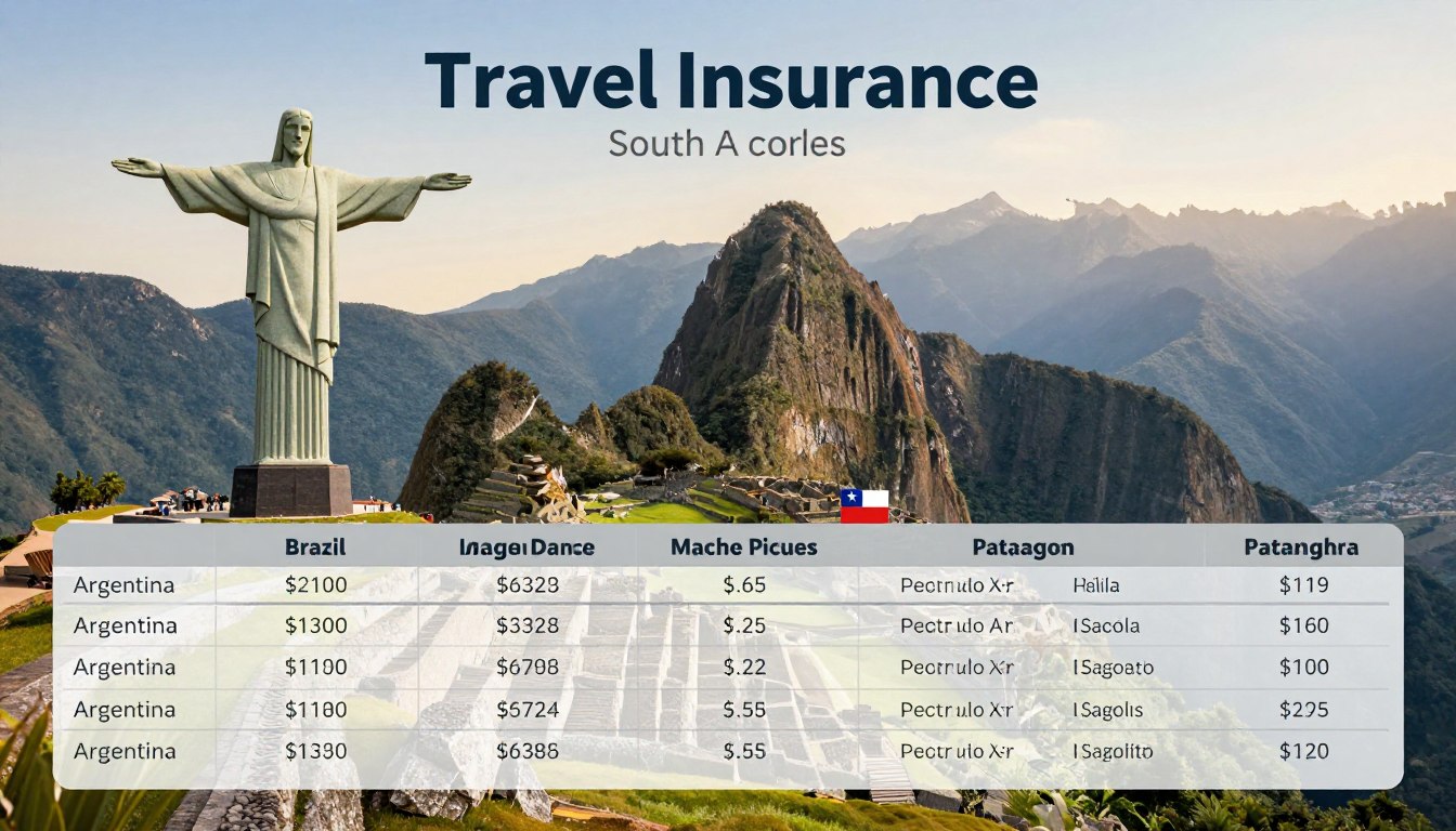 A detailed infographic displaying a comparison of travel insurance costs in South America. The foreground features a clear, organized table showcasing different countries like Brazil, Argentina, and Chile, with corresponding insurance prices and coverage types. In the middle ground, visual representations of popular South American landmarks such as Christ the Redeemer, Machu Picchu, and Patagonia illustrate the diverse travel destinations, blending seamlessly into the comparison. The background is a subtle gradient of soft colors, suggesting a calm and safe travel atmosphere. Soft, natural lighting highlights the information, ensuring clarity and professionalism. The image conveys a sense of peace of mind and security for travelers, evoking the essence of safe travel in South America.