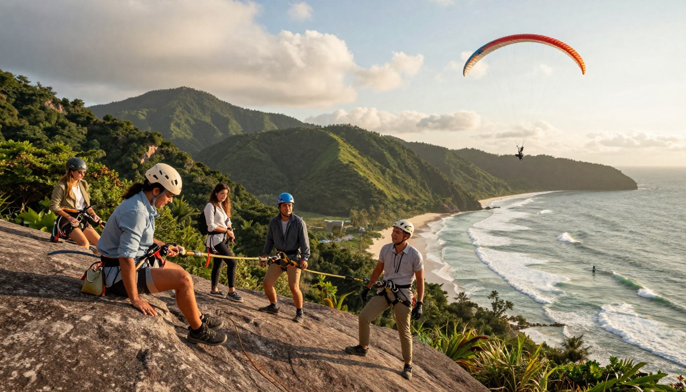 A dynamic scene showcasing adventure sports in Asia, featuring a diverse group of individuals clad in modest, professional outdoor attire. In the foreground, a group of friends is engaging in exhilarating activities like rock climbing and paragliding. The middle ground captures a stunning vista of lush green mountains and vibrant skies, while the background reveals a picturesque coastline with surfers riding the waves. Soft sunlight bathes the entire scene, creating a warm and inviting atmosphere. The angle captures a sense of action and adventure while promoting the concept of safety and enjoyment in travel. The overall mood conveys excitement, camaraderie, and the spirit of exploration.