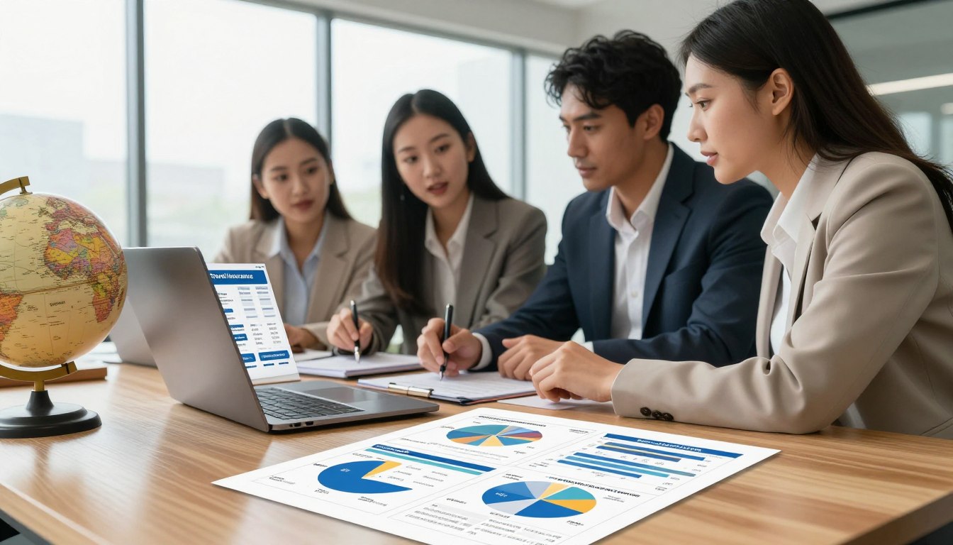 A modern office environment featuring a diverse group of three professionals—two women and one man—analyzing travel insurance plans on a large laptop screen. In the foreground, a close-up of charts and graphs depicting different insurance policies laid out on a sleek wooden desk, with a globe and travel brochures nearby. The middle ground shows the three individuals, clad in smart business attire, engaged in discussion with focused expressions, highlighting collaboration and decision-making. In the background, large windows provide natural light, illuminating the space and creating a calm, productive atmosphere. Soft shadows enhance depth, conveying a sense of clarity and organization, symbolizing the importance of comparing travel insurance for peace of mind while traveling.