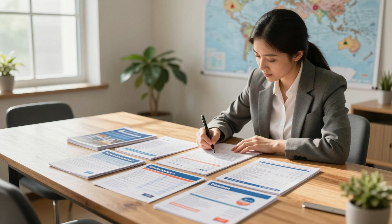 A serene, inviting office workspace showcasing a large wooden table covered with neatly arranged travel insurance brochures and comparison charts. In the foreground, a professional wearing business attire is intently reviewing the materials, jotting down notes. Surrounding the workspace, a soft, natural light floods in through a nearby window, enhancing the warm, welcoming atmosphere. In the background, a world map is pinned on the wall, with colorful travel stickers marking various destinations, symbolizing the spirit of travel. On another side, a small indoor plant adds a touch of green, emphasizing a sense of calm and peace of mind. The overall mood reflects focus and professionalism, perfectly capturing the essence of choosing the right travel insurance policy for a Canada trip. A serene, inviting office workspace showcasing a large wooden table covered with neatly arranged travel insurance brochures and comparison charts. In the foreground, a professional wearing business attire is intently reviewing the materials, jotting down notes. Surrounding the workspace, a soft, natural light floods in through a nearby window, enhancing the warm, welcoming atmosphere. In the background, a world map is pinned on the wall, with colorful travel stickers marking various destinations, symbolizing the spirit of travel. On another side, a small indoor plant adds a touch of green, emphasizing a sense of calm and peace of mind. The overall mood reflects focus and professionalism, perfectly capturing the essence of choosing the right travel insurance policy for a Canada trip.
