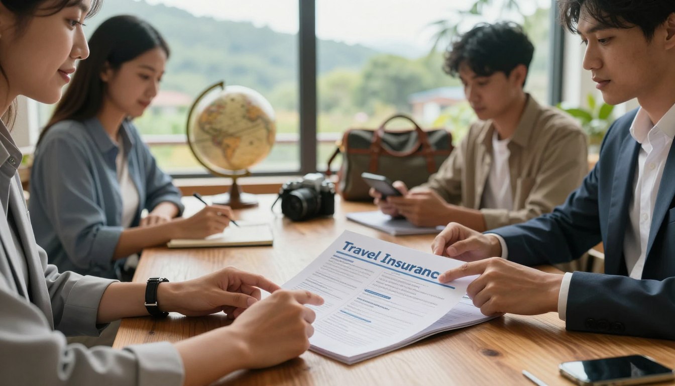 A serene travel scene, capturing a diverse team of professionals in smart casual clothing, gathered around a wooden table with a travel insurance exclusions guide spread open in front of them. The foreground features a close-up of hands pointing to key exclusion points in the guide, emphasizing collaboration and discussion. In the middle, a warm light filters through a large window, illuminating travel-related items such as a globe, camera, and travel bags, symbolizing adventure and planning. The background includes a scenic view of a travel destination through the window, portraying peace of mind. The overall atmosphere is one of focus and determination, with soft, inviting colors enhancing a sense of safety and preparedness for travelers.