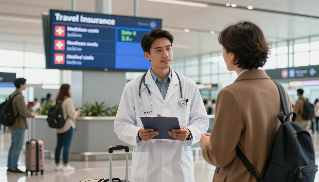 A serene travel scene depicting a healthcare professional in a white lab coat, standing confidently with a clipboard in a vibrant, modern airport terminal. In the foreground, the professional engages with a well-dressed traveler, illustrating a supportive discussion about travel insurance and emergency healthcare options. The middle ground features a digital display board showing healthcare costs and emergency service icons, emphasizing the topic of healthcare support while traveling. The background displays travelers in diverse outfits, maintaining a sense of mobility and security. Soft natural lighting highlights the scene, creating a warm and reassuring atmosphere. The perspective is slightly angled to capture both the professional and the traveler, conveying a sense of trust and preparedness in travel safety.