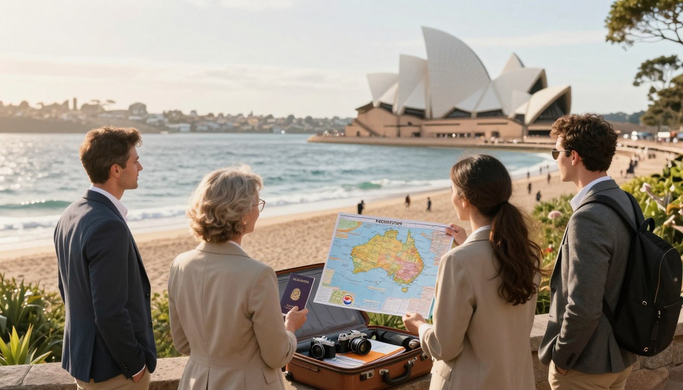 A serene travel scene focusing on the theme of travel insurance. In the foreground, a diverse group of travelers in professional business attire stands confidently, looking at a scenic map of Australia, symbolizing preparedness and adventure. In the middle, an open suitcase reveals travel essentials like a passport, a camera, and a guidebook, subtly hinting at security and exploration. The background features iconic Australian landscapes, such as a sandy beach, lush bushland, and the Sydney Opera House, bathed in warm, golden sunlight. The atmosphere conveys a sense of peace of mind and safety, emphasizing the importance of being well-prepared for an extraordinary journey. Use a soft focus lens to create a warm, inviting glow throughout the scene.