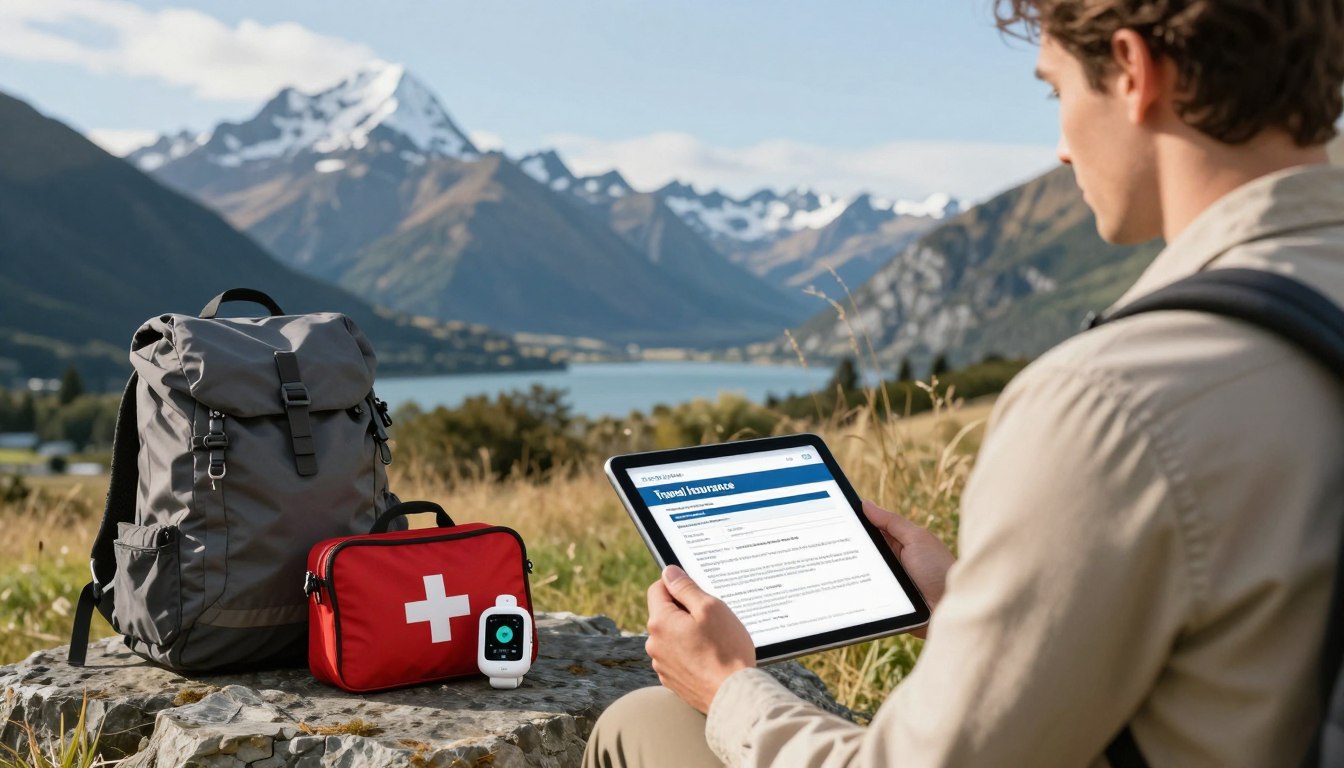 A serene travel scene showcasing a travel insurance theme, foreground featuring a confident traveler in business casual attire holding a digital insurance plan on a tablet. In the middle, depict essential travel items like a backpack, first-aid kit, and a portable health monitor, symbolizing preparedness for medical emergencies. The background consists of a stunning New Zealand landscape, with lush mountains and a clear sky, conveying adventure and safety. Soft, warm lighting enhances the inviting atmosphere, while a slight depth of field focuses on the traveler and the items, creating a sense of assurance and peace of mind. Emphasize travel safety and preparedness without any distractions from text or logos. A serene travel scene showcasing a travel insurance theme, foreground featuring a confident traveler in business casual attire holding a digital insurance plan on a tablet. In the middle, depict essential travel items like a backpack, first-aid kit, and a portable health monitor, symbolizing preparedness for medical emergencies. The background consists of a stunning New Zealand landscape, with lush mountains and a clear sky, conveying adventure and safety. Soft, warm lighting enhances the inviting atmosphere, while a slight depth of field focuses on the traveler and the items, creating a sense of assurance and peace of mind. Emphasize travel safety and preparedness without any distractions from text or logos.
