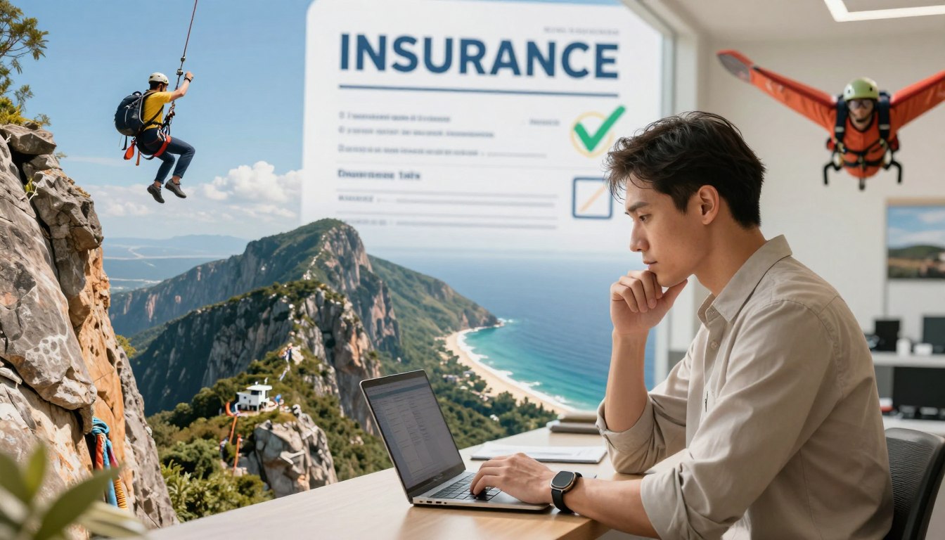 A split image illustrating high-risk activities during travel. In the foreground, a professional-looking individual, dressed in smart casual attire, is contemplating options at a travel agency, surrounded by imagery of extreme sports like bungee jumping, rock climbing, and skydiving. In the middle ground, a contrast of vibrant scenic locations such as mountaintops and ocean shores where these activities take place. The background features an abstract representation of insurance paperwork and symbols of coverage, like shields or checkmarks, hinting at safety. The lighting is bright and inviting, with warm tones to create a sense of adventure and caution. The overall atmosphere conveys a mix of excitement and the importance of understanding insurance limits, emphasizing travel safety and peace of mind. A split image illustrating high-risk activities during travel. In the foreground, a professional-looking individual, dressed in smart casual attire, is contemplating options at a travel agency, surrounded by imagery of extreme sports like bungee jumping, rock climbing, and skydiving. In the middle ground, a contrast of vibrant scenic locations such as mountaintops and ocean shores where these activities take place. The background features an abstract representation of insurance paperwork and symbols of coverage, like shields or checkmarks, hinting at safety. The lighting is bright and inviting, with warm tones to create a sense of adventure and caution. The overall atmosphere conveys a mix of excitement and the importance of understanding insurance limits, emphasizing travel safety and peace of mind.